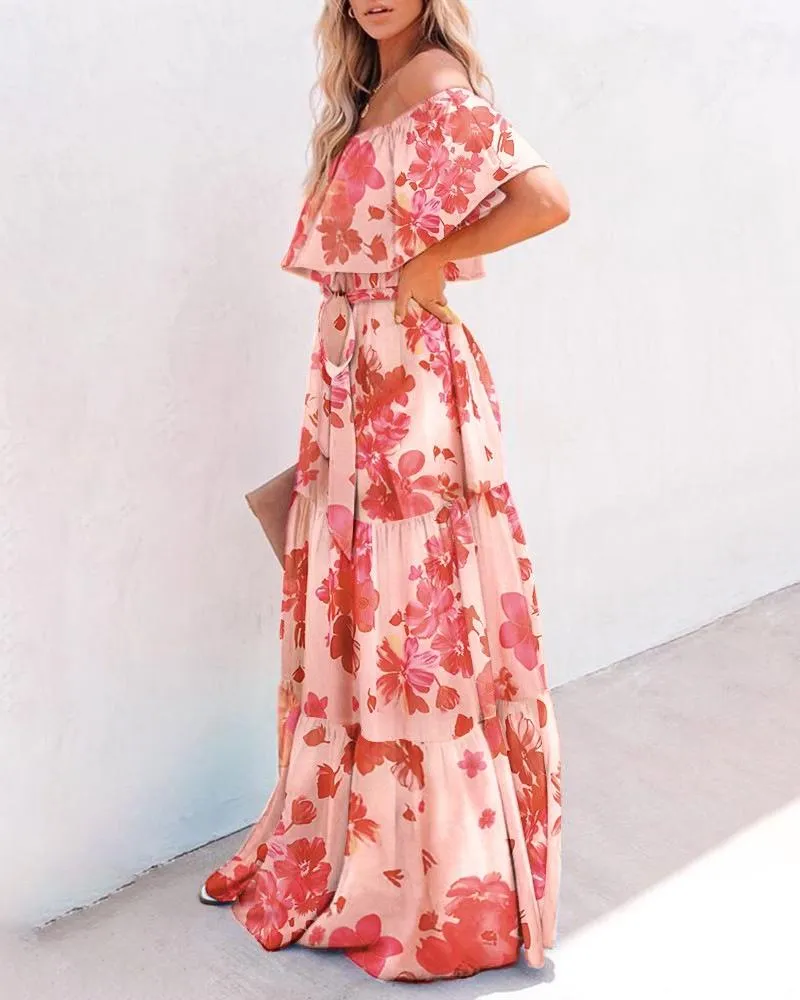 Off Shoulder Chiffon Tie Waist Floral Long Maxi Dress