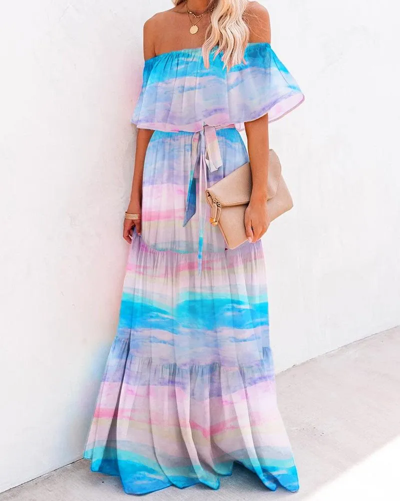 Off Shoulder Chiffon Tie Waist Floral Long Maxi Dress