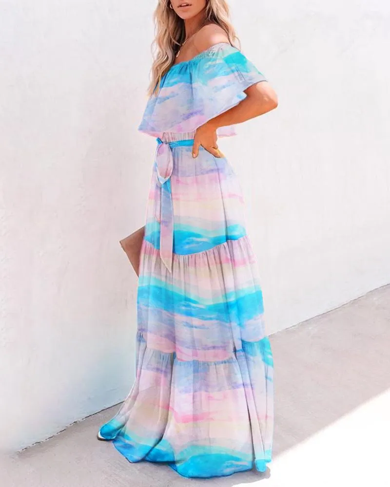 Off Shoulder Chiffon Tie Waist Floral Long Maxi Dress