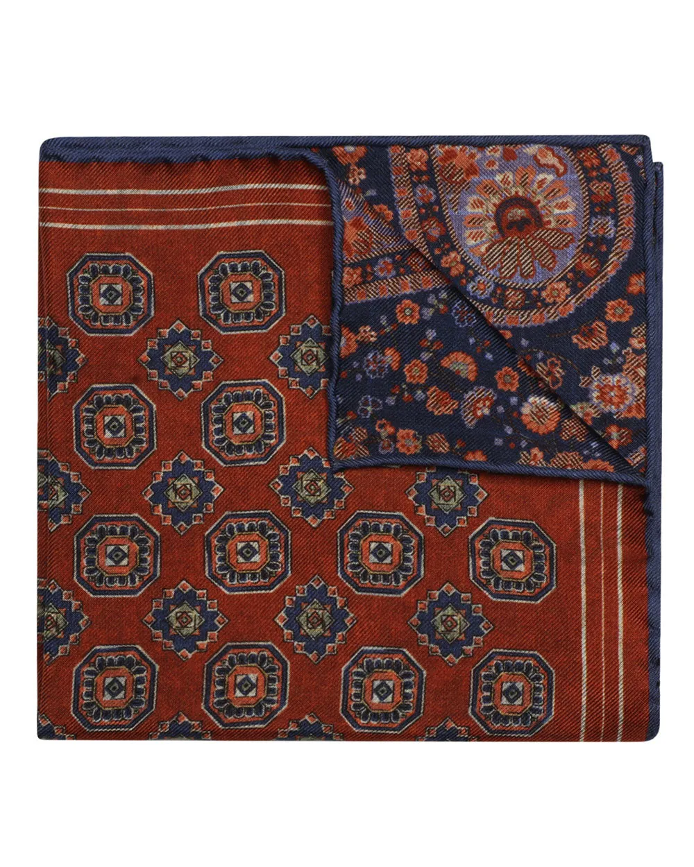 Orange and Blue Floral Medallion Reversible Silk Pocket Square