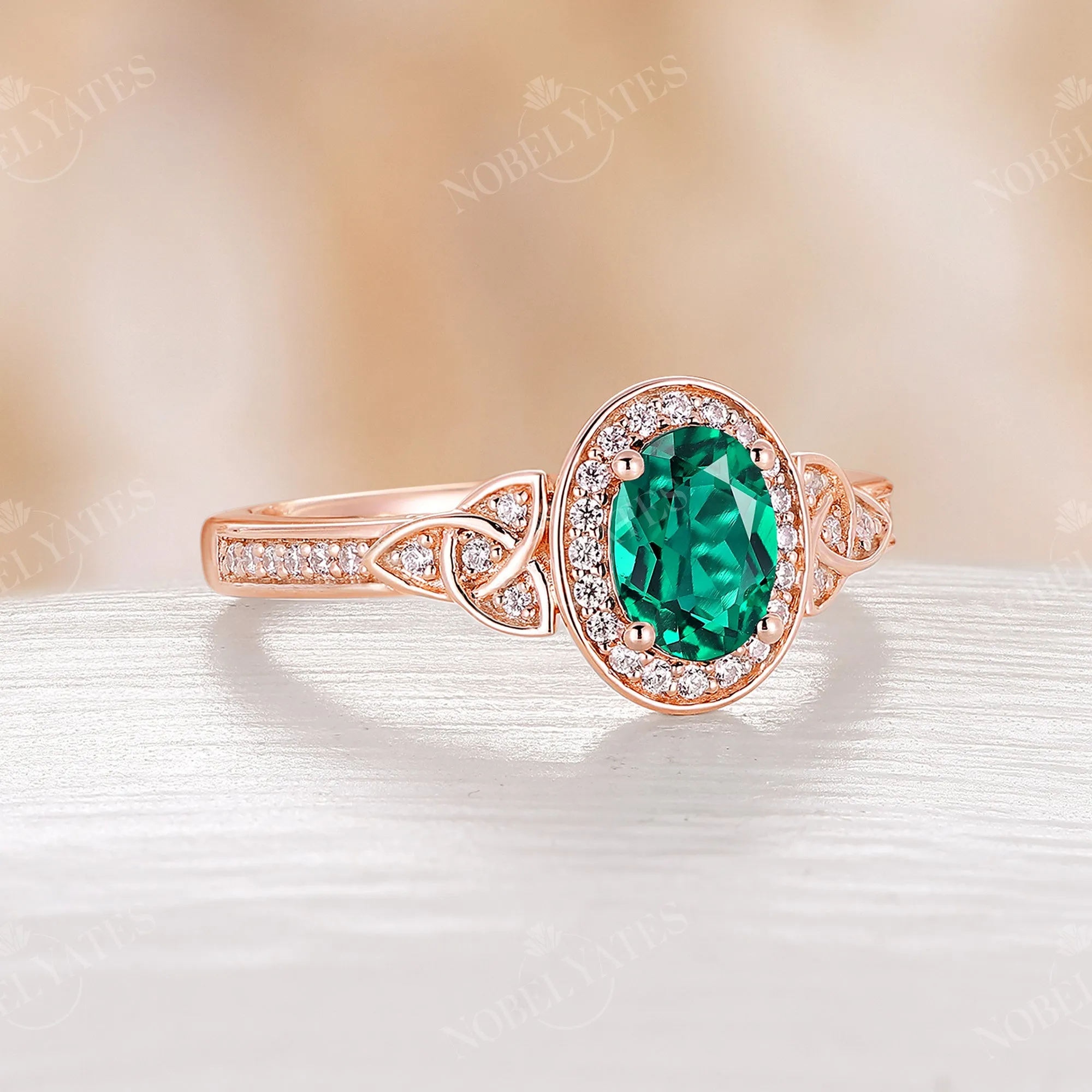 Oval Lab Emerald Moissanite Halo Engagement Ring Celtic Rose Gold