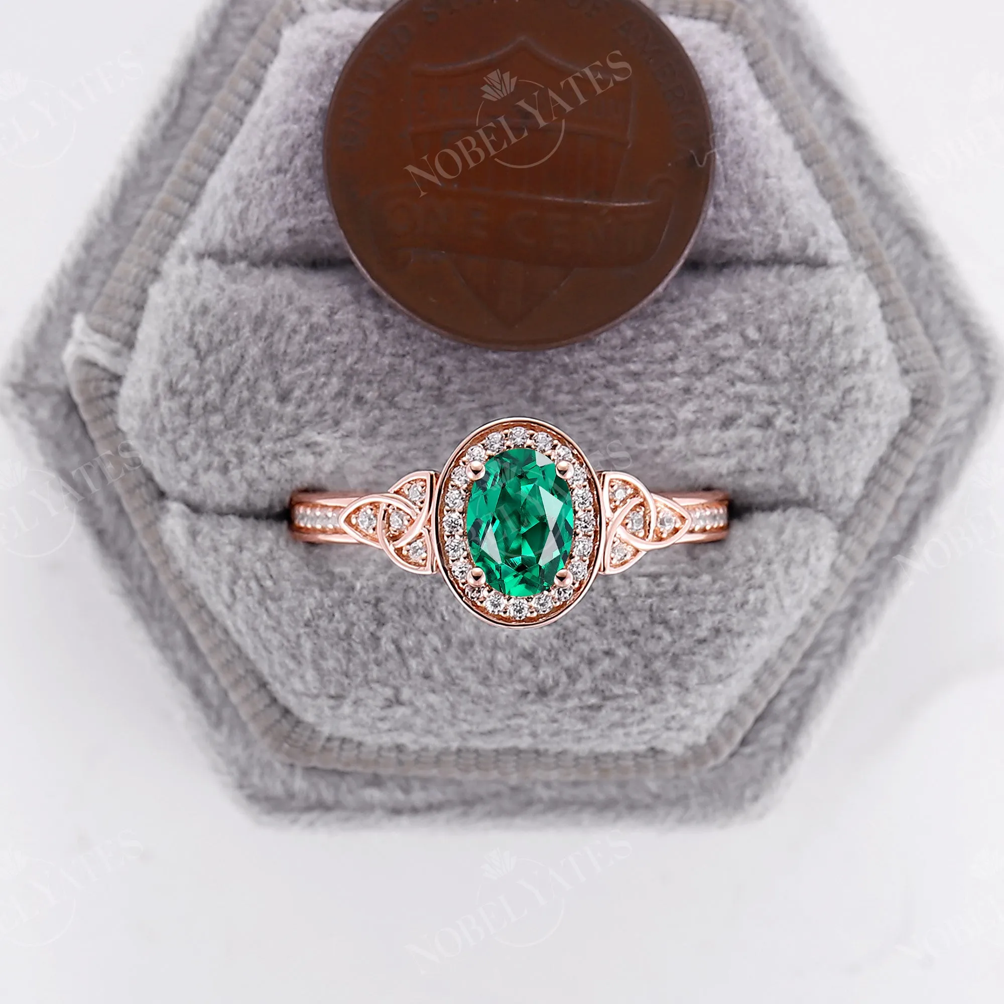 Oval Lab Emerald Moissanite Halo Engagement Ring Celtic Rose Gold