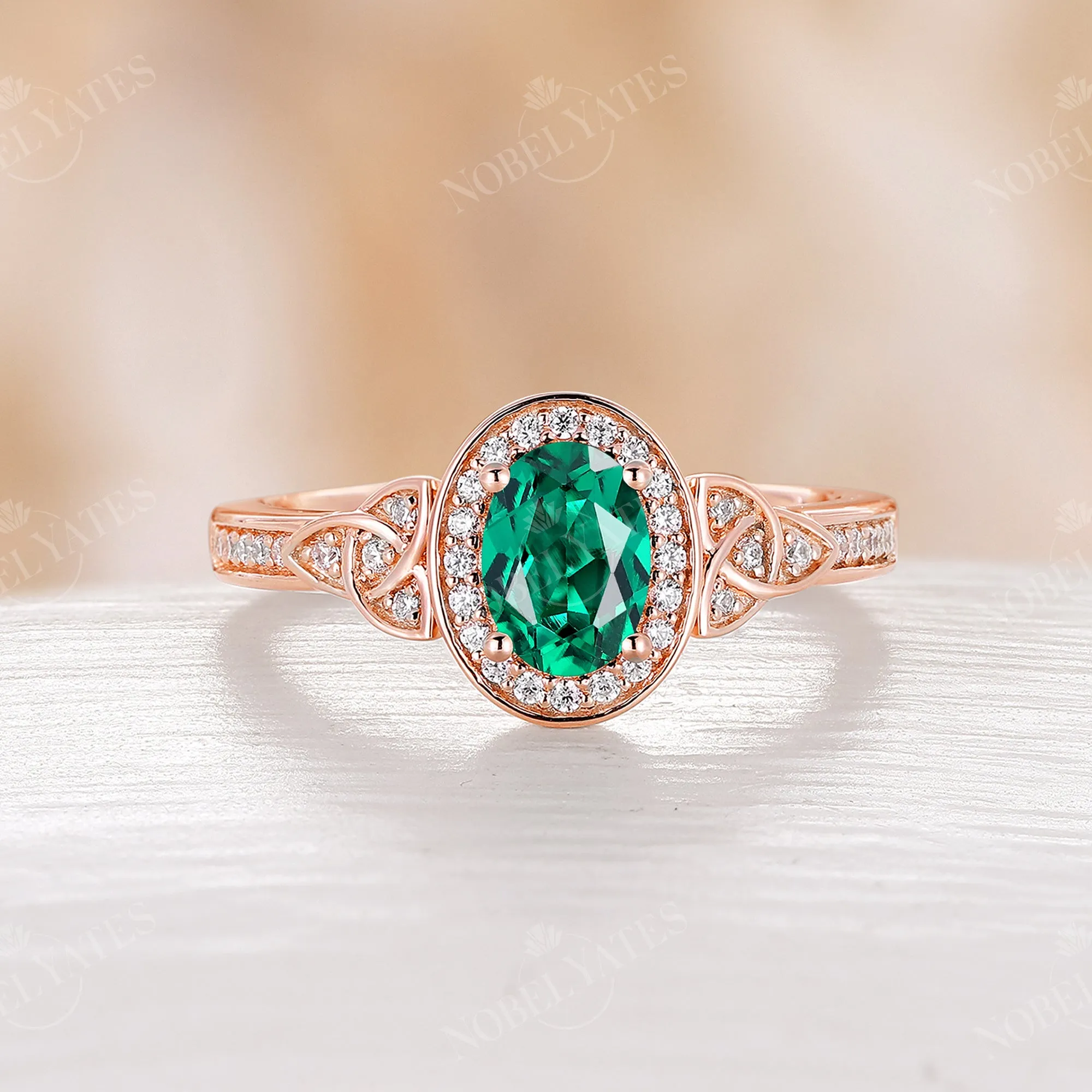 Oval Lab Emerald Moissanite Halo Engagement Ring Celtic Rose Gold