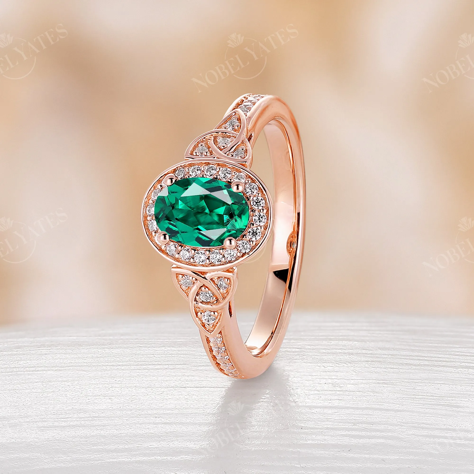 Oval Lab Emerald Moissanite Halo Engagement Ring Celtic Rose Gold