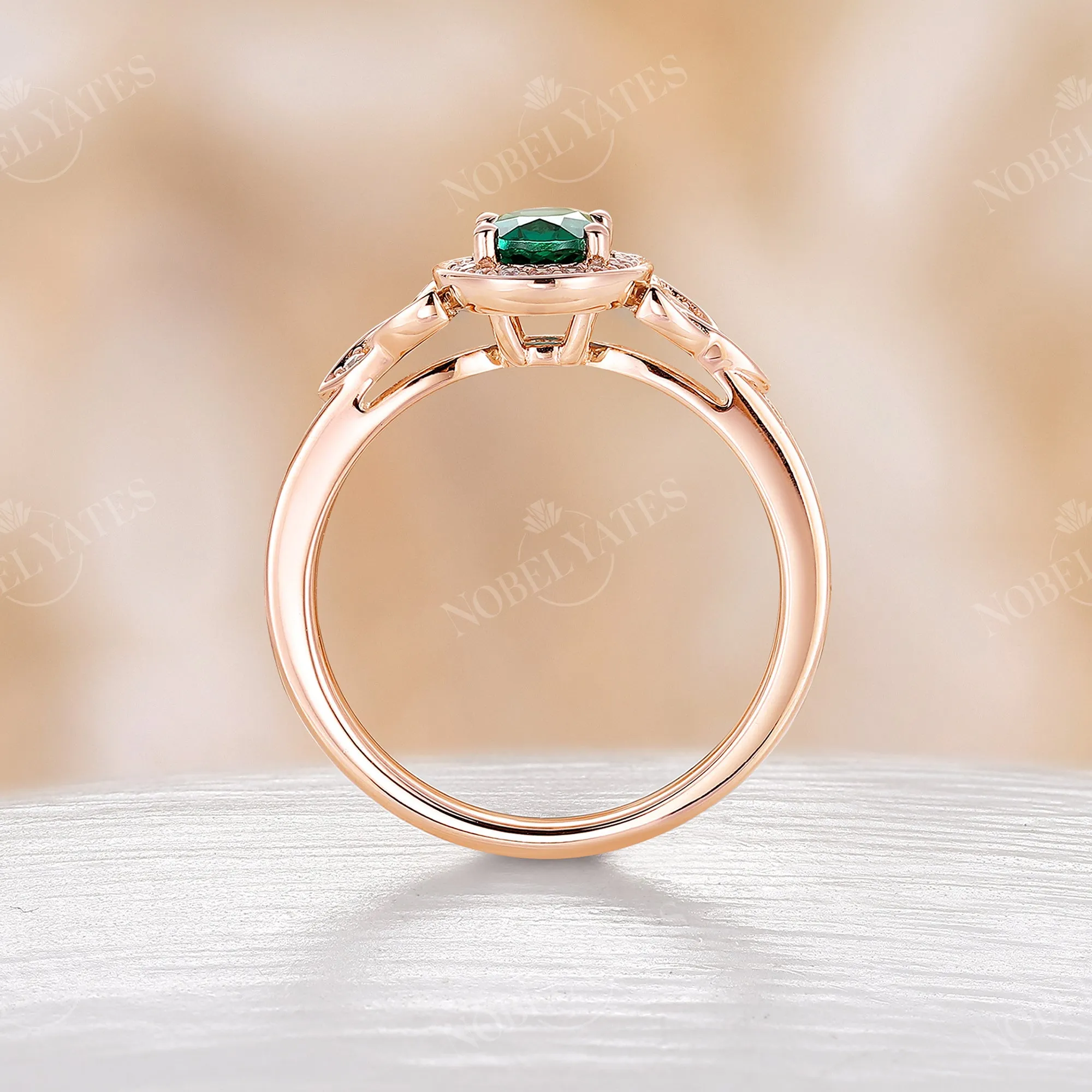 Oval Lab Emerald Moissanite Halo Engagement Ring Celtic Rose Gold