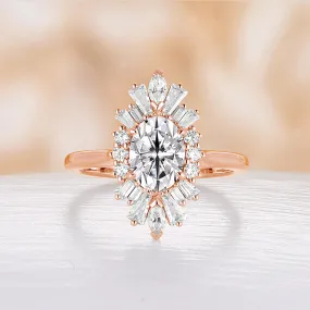 Oval Moissanite Engagement Ring Art Deco Rose Gold Halo