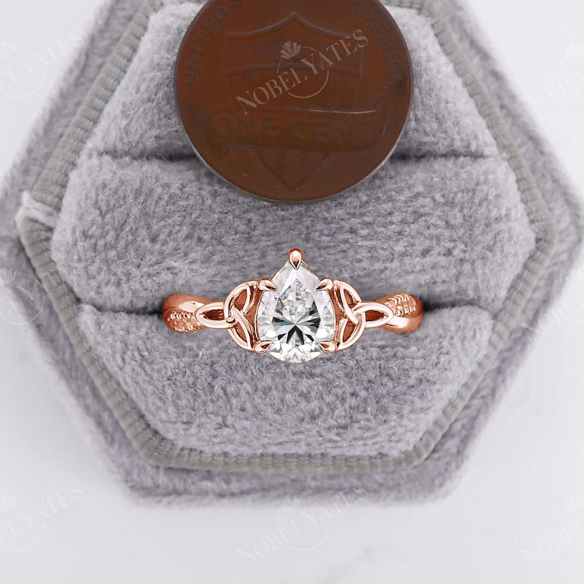 Pear Cut Moissanite Rose Gold Celtic Twist Engagement Ring