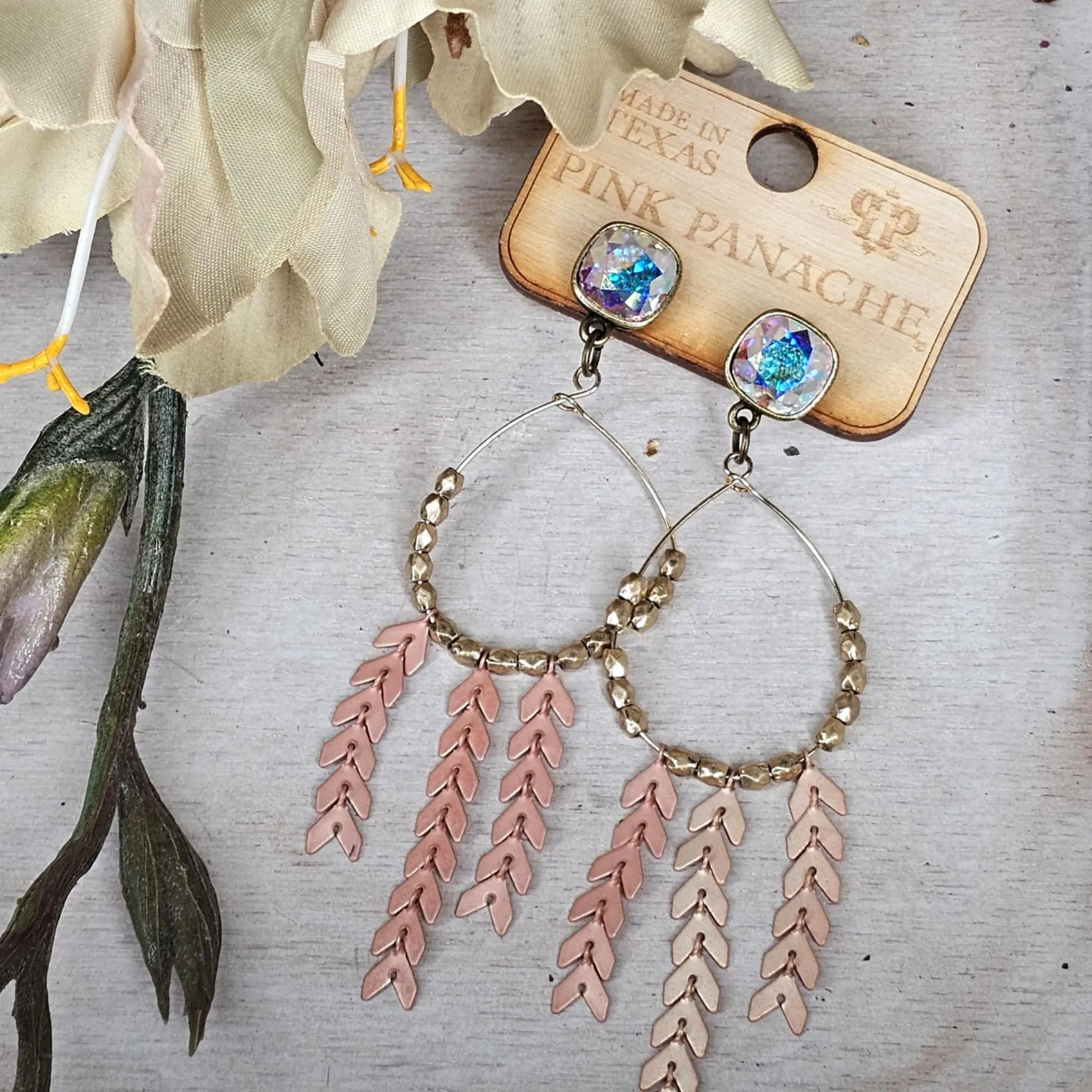 PP AB Gold Teardrop Rose Gold Dangle Earrings