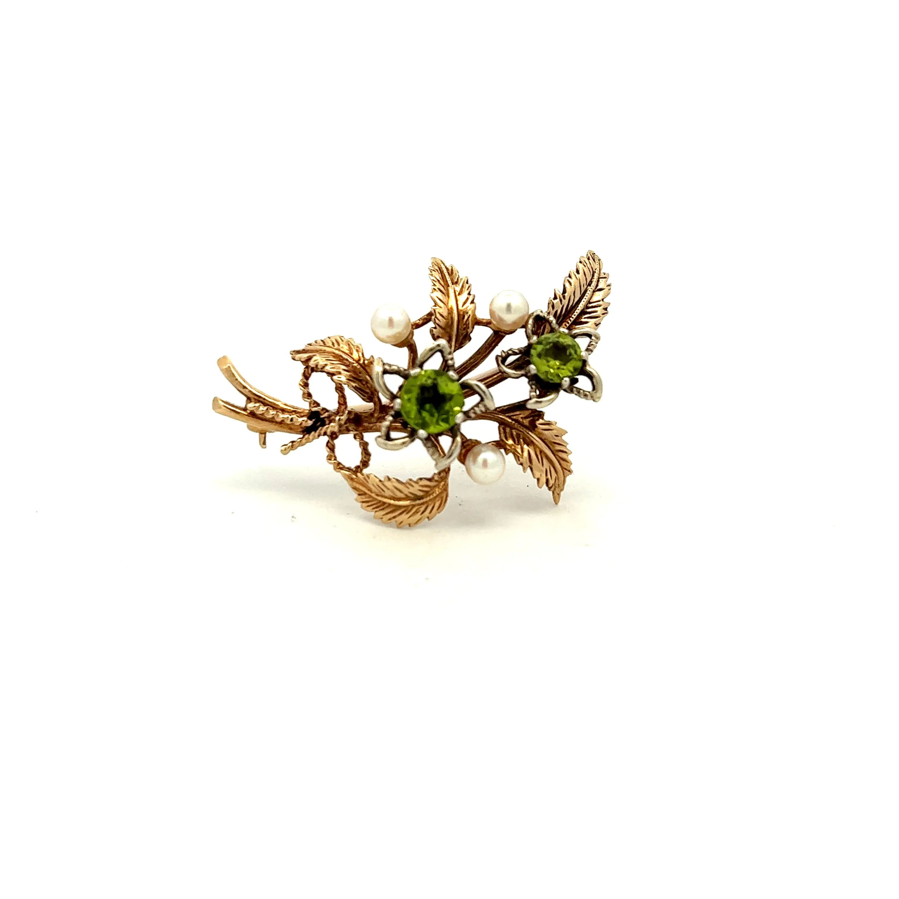 Pre-Owned 9ct Yellow Gold Peridot and Pearl Floral Brooch