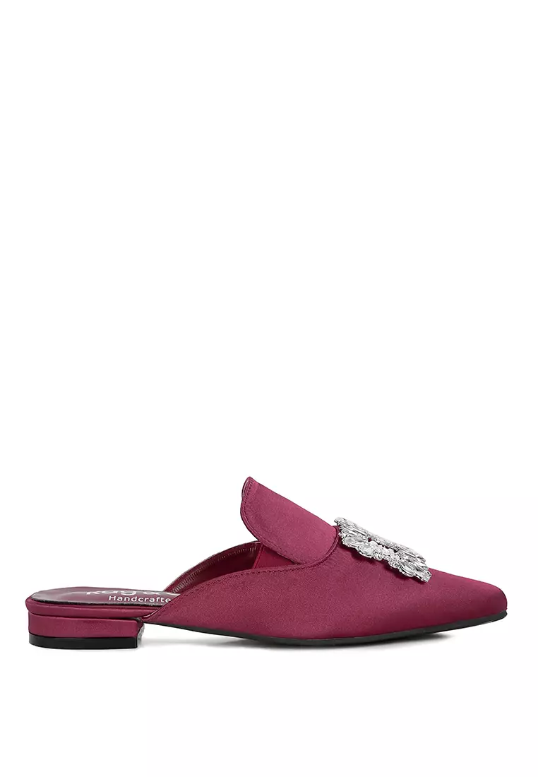 Rag & CO. Diamante Brooch Satin Mules in Burgundy