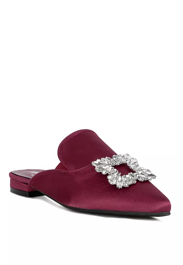 Rag & CO. Diamante Brooch Satin Mules in Burgundy