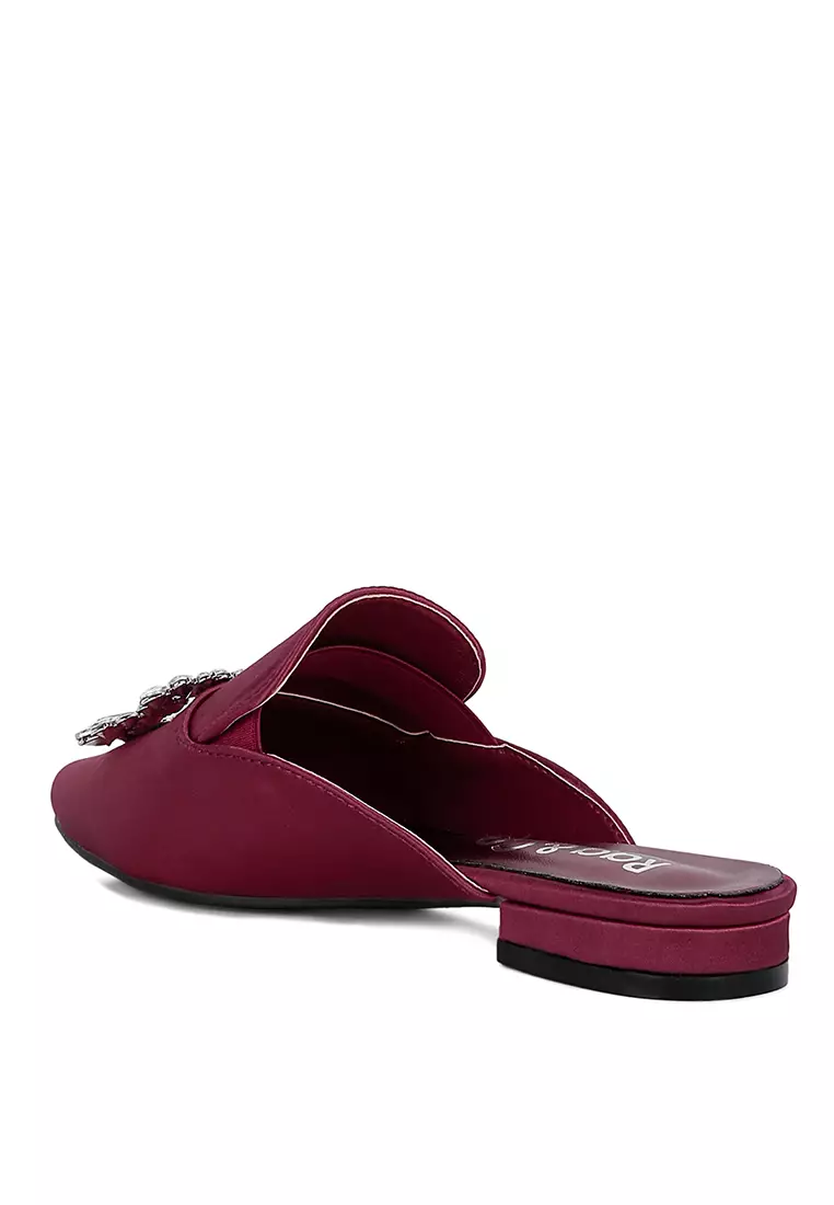 Rag & CO. Diamante Brooch Satin Mules in Burgundy