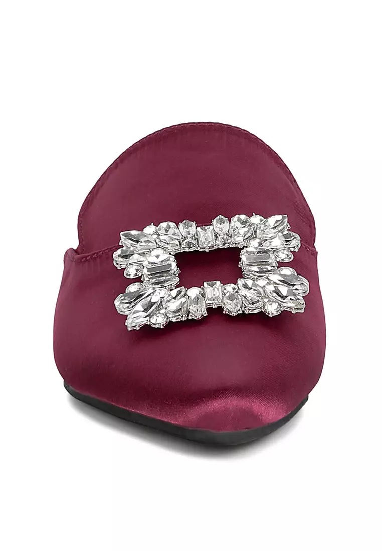 Rag & CO. Diamante Brooch Satin Mules in Burgundy