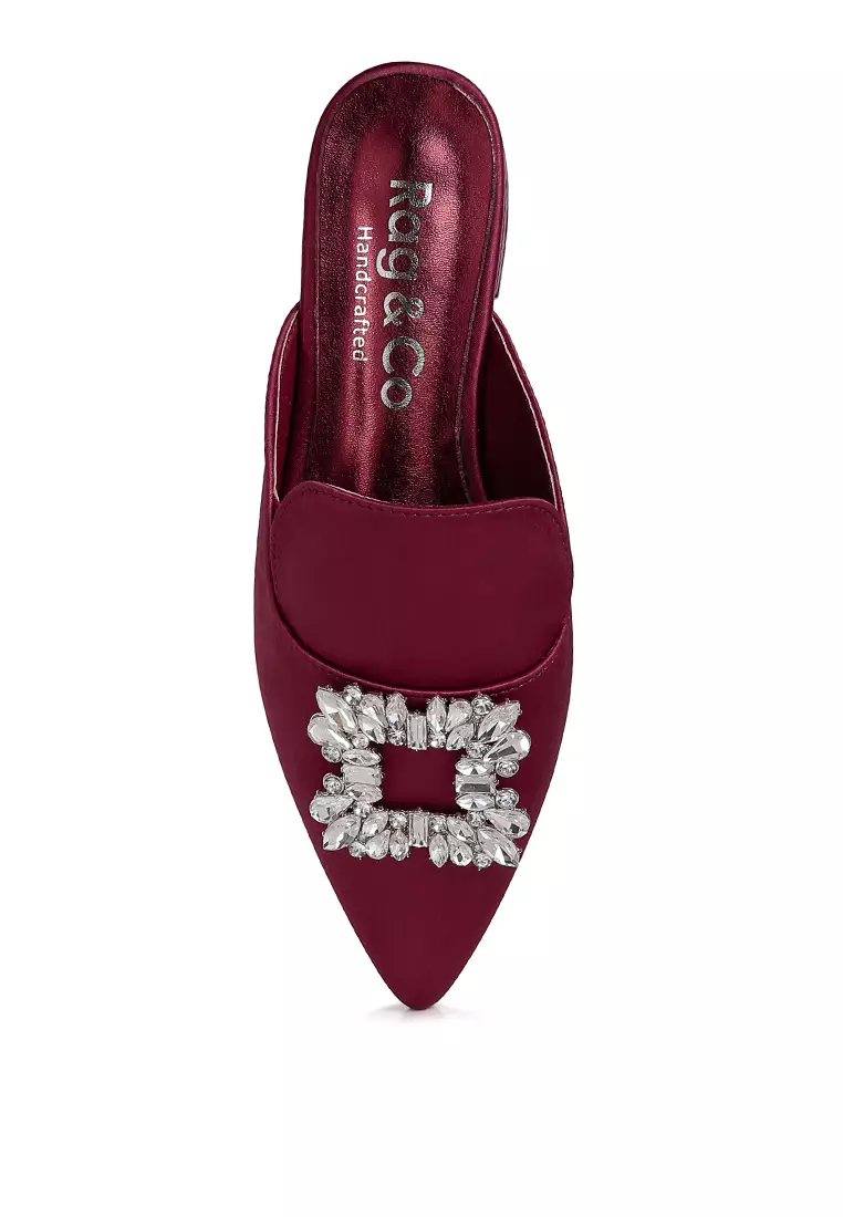 Rag & CO. Diamante Brooch Satin Mules in Burgundy