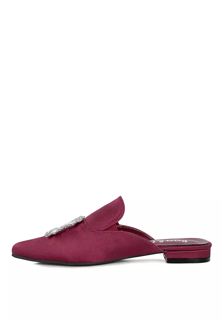 Rag & CO. Diamante Brooch Satin Mules in Burgundy