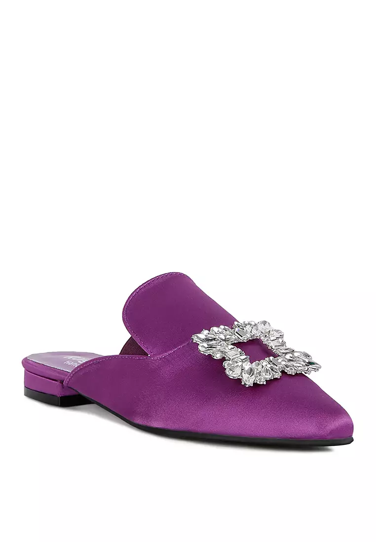 Rag & CO. Diamante Brooch Satin Mules in Purple