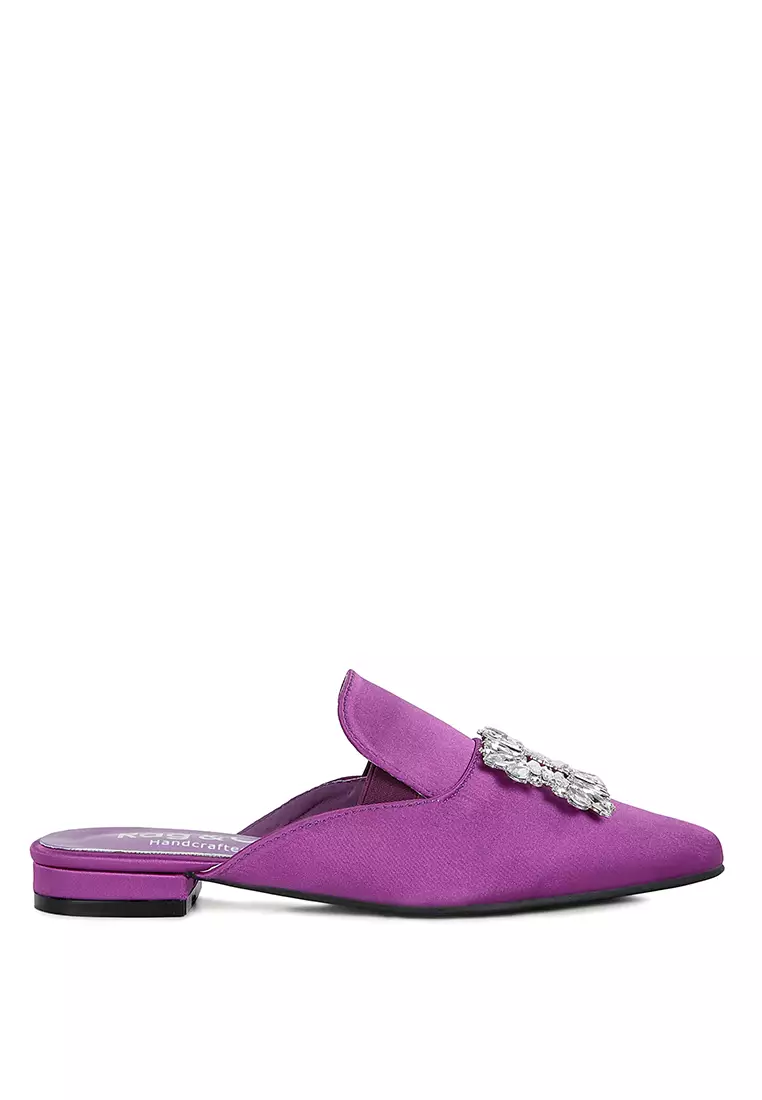 Rag & CO. Diamante Brooch Satin Mules in Purple