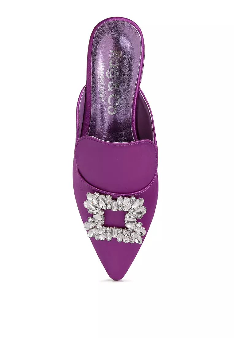 Rag & CO. Diamante Brooch Satin Mules in Purple