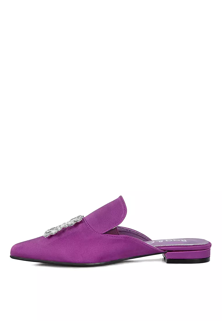 Rag & CO. Diamante Brooch Satin Mules in Purple