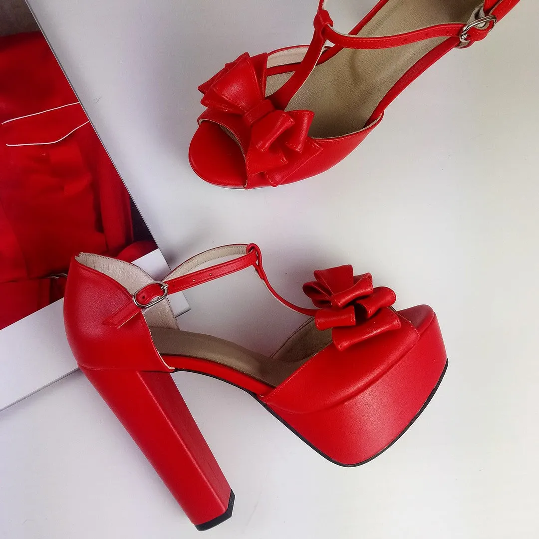 Red Ribbon Chunky High Heels