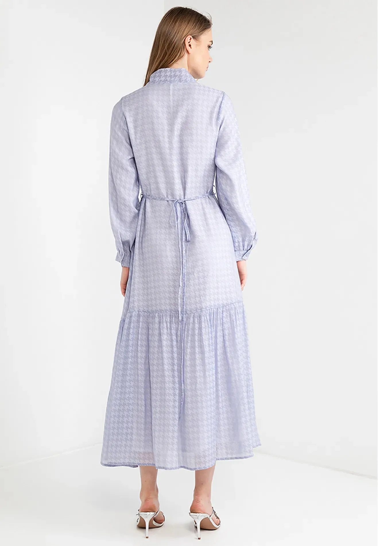 Ribbon Tie Houndstooth Maxi Dress