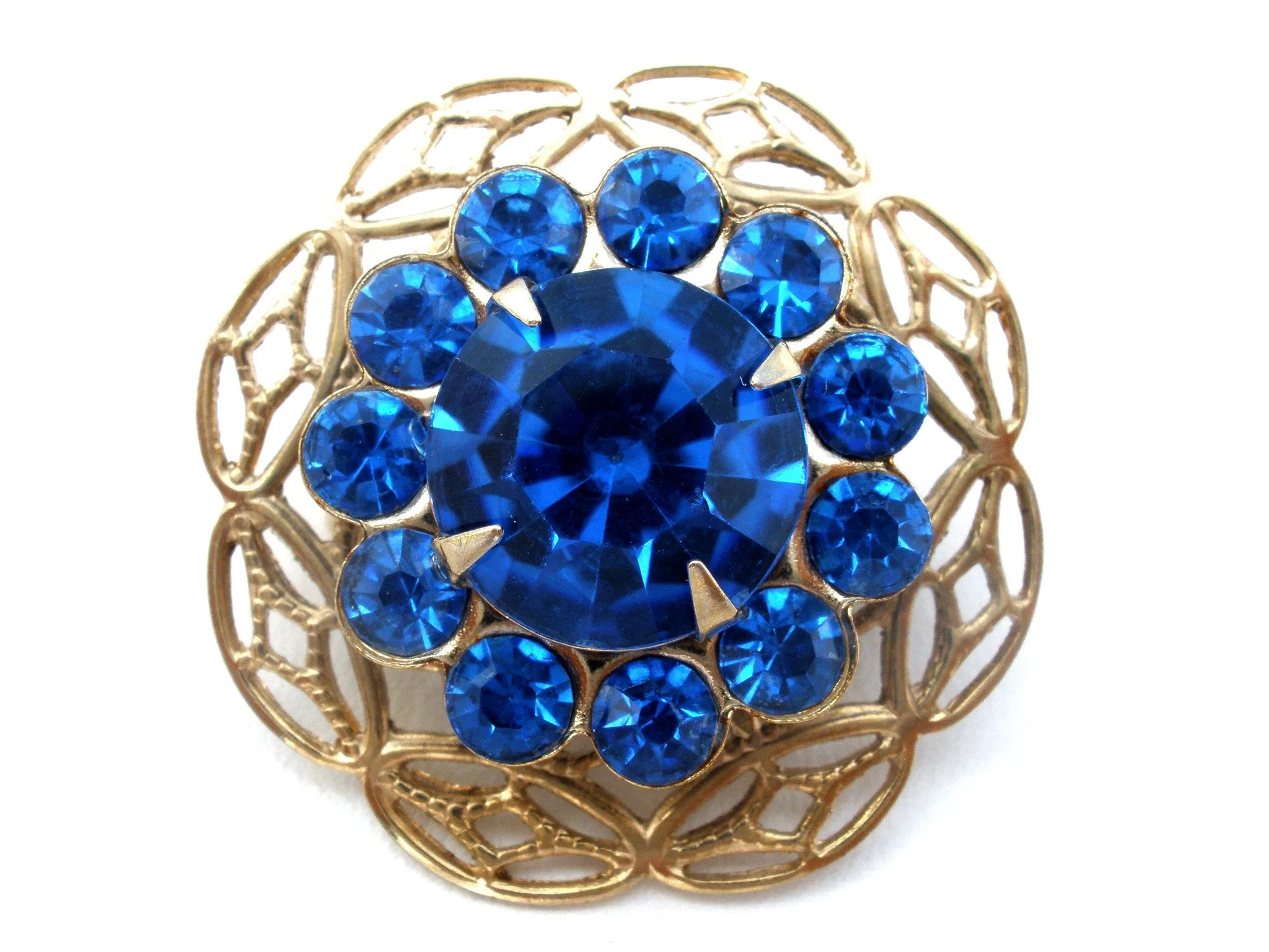 Sapphire Blue Rhinestone Brooch Pin Vintage