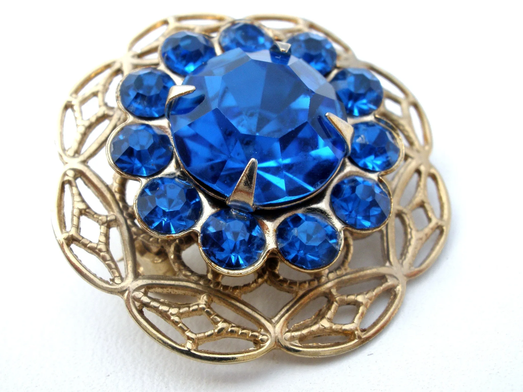 Sapphire Blue Rhinestone Brooch Pin Vintage