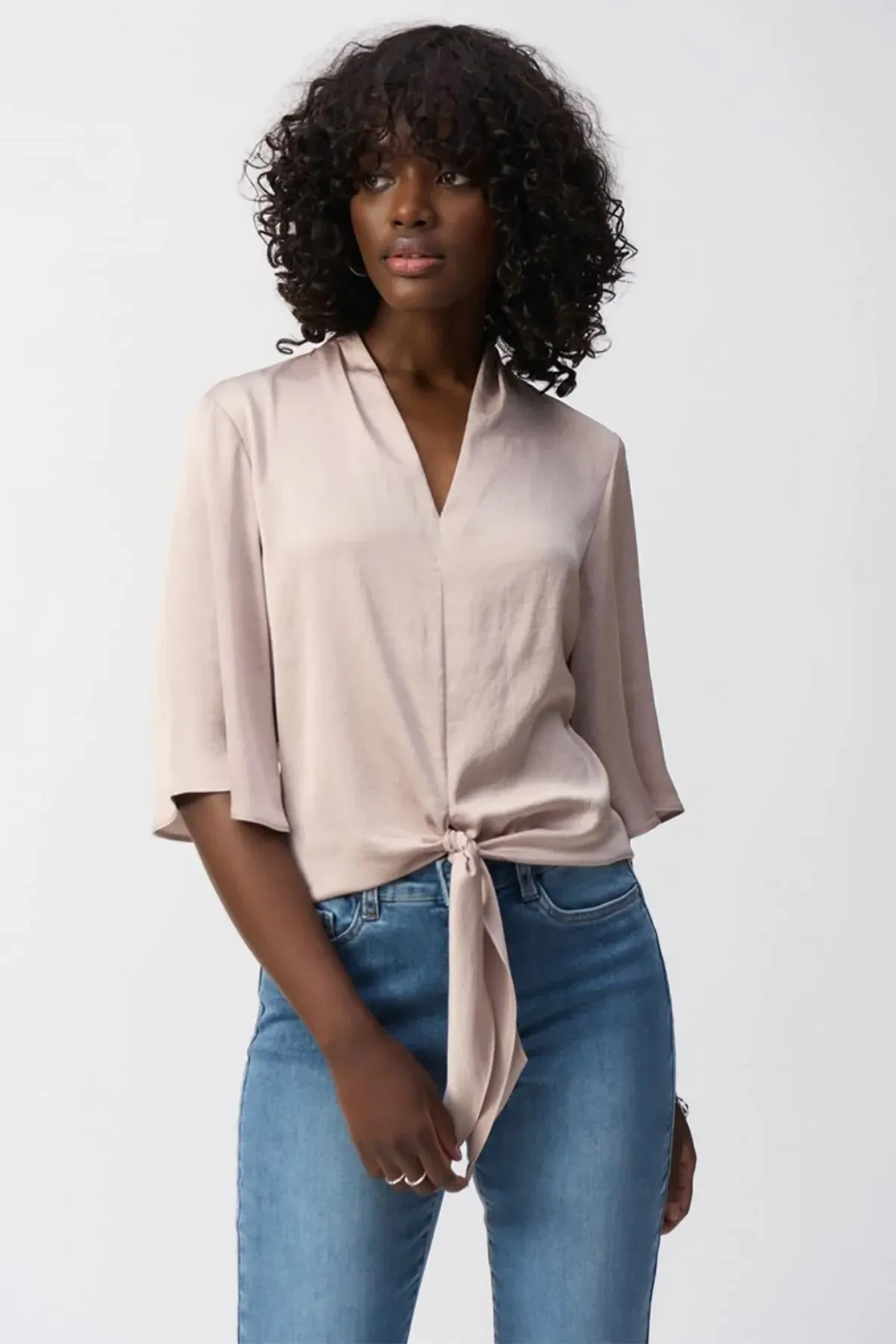 Satin V-Neck Top with Front Tie