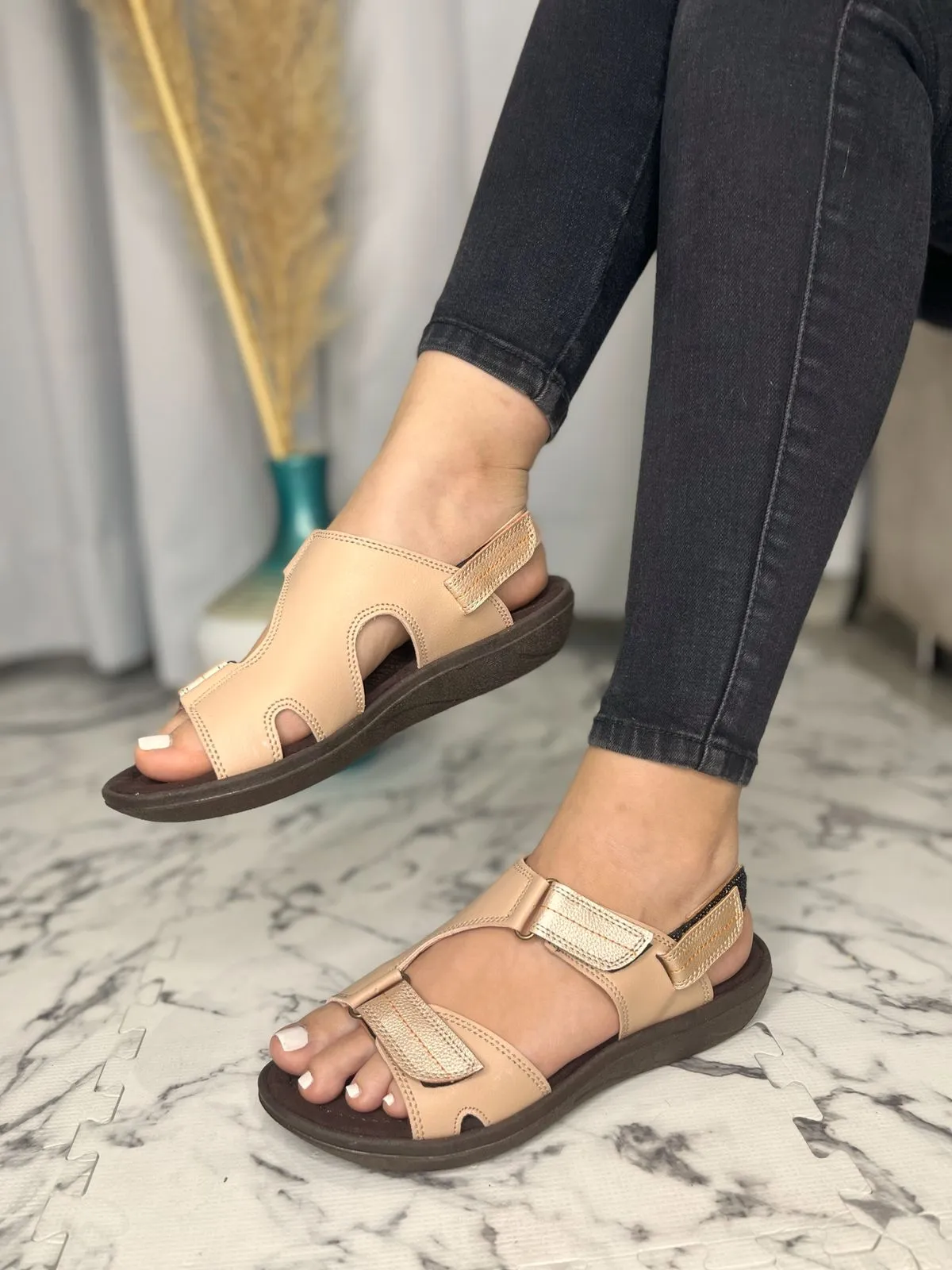 Sophisticated Stride Beige Strap Flat Sandals with Belt-Like Detail