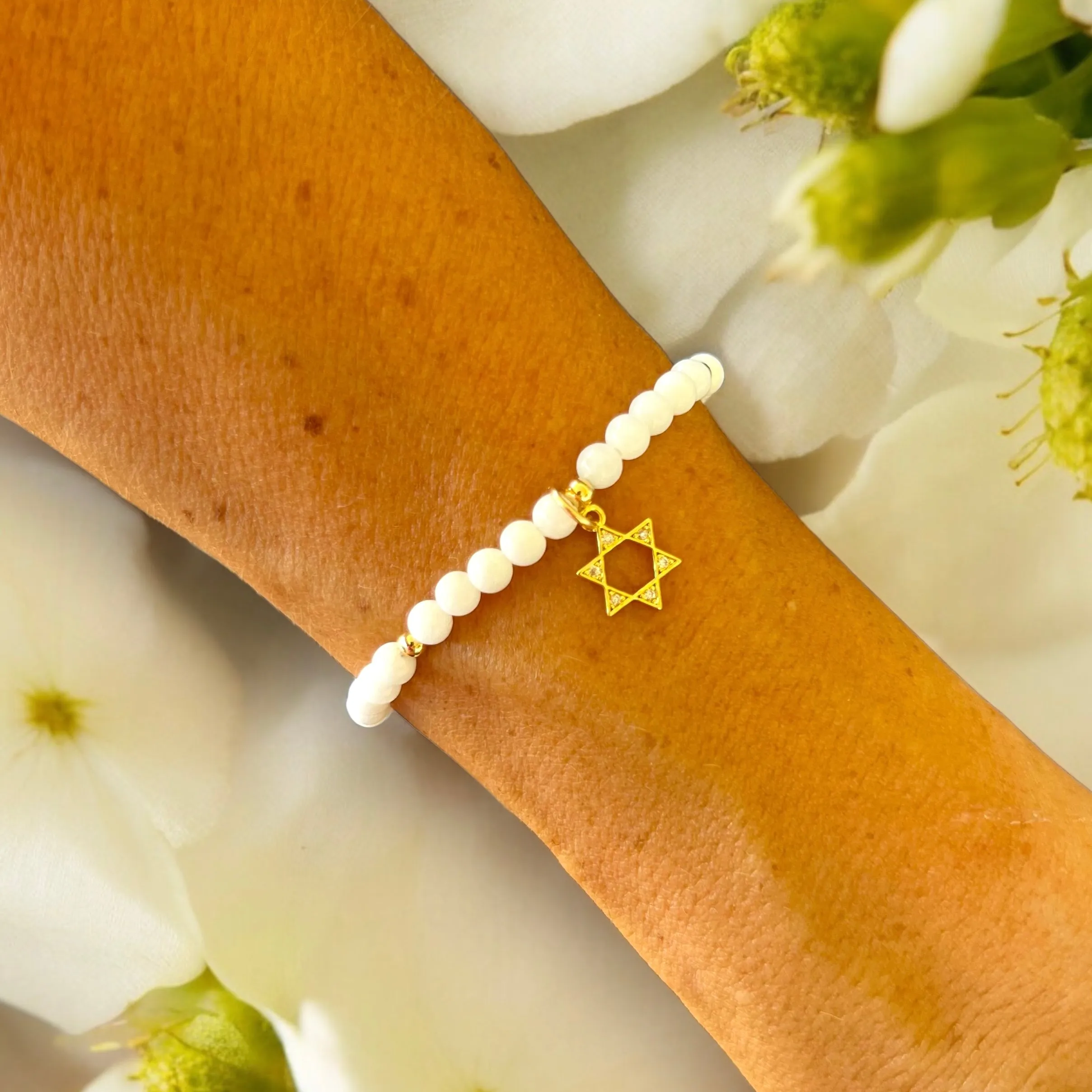 Star of David White Quartz 4mm Stone Bracelet