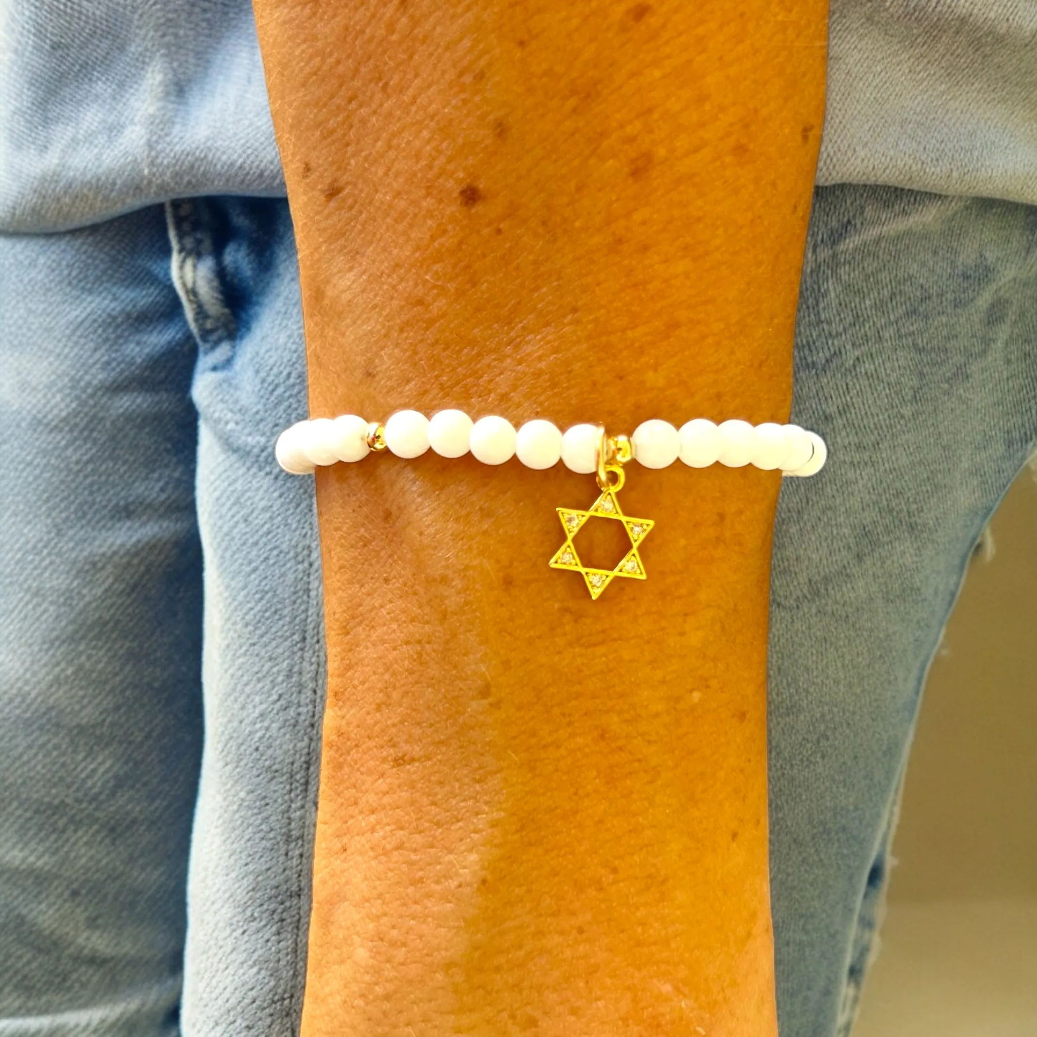 Star of David White Quartz 4mm Stone Bracelet