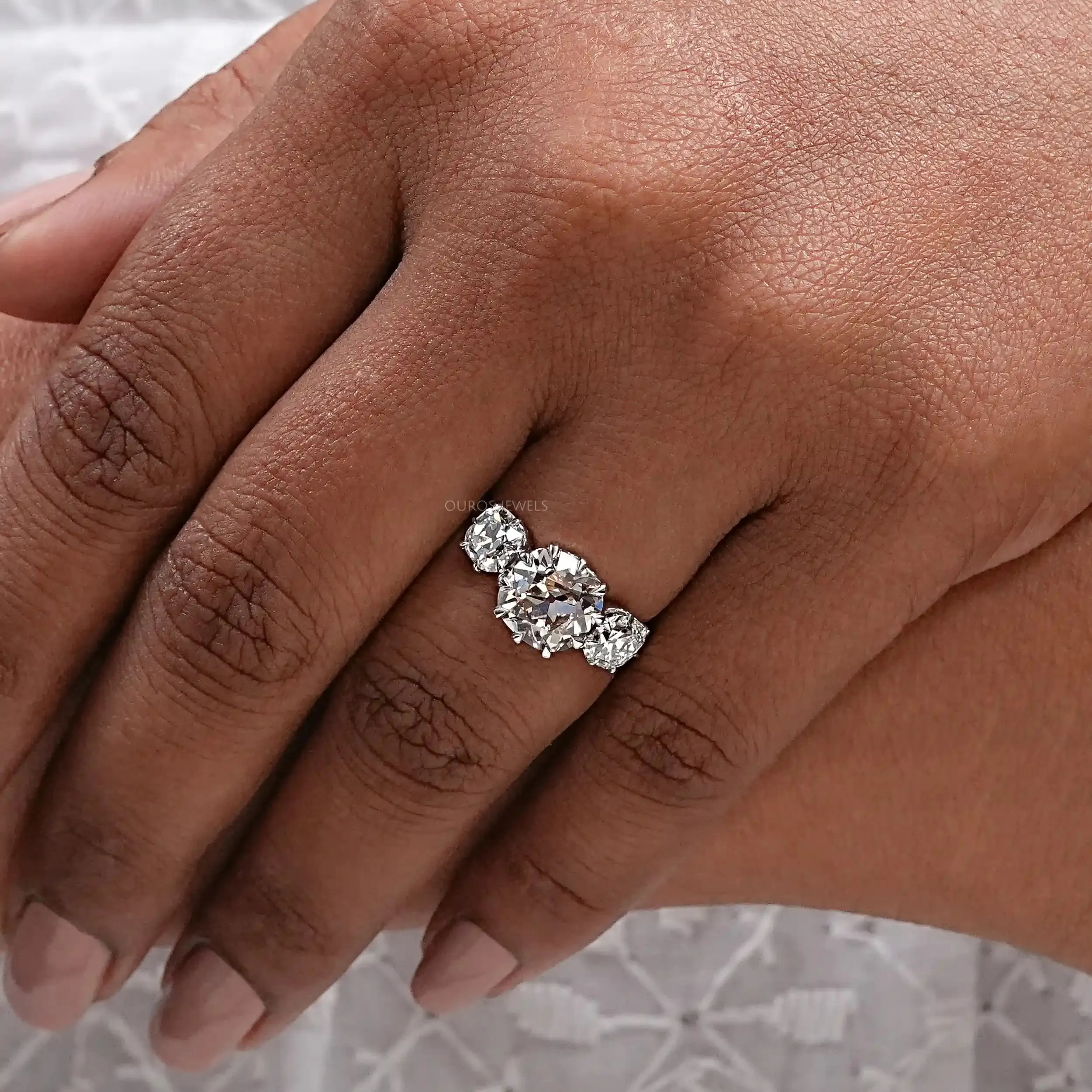 Tri Diamond Old Mine Cushion Cut Engagement Ring