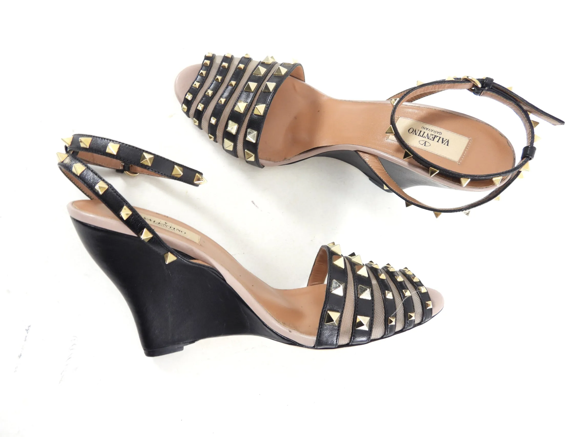 Valentino Rock Stud Black and Nude Wedge Sandals - EU39.5