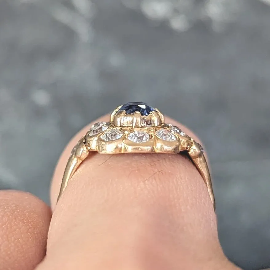 Victorian 1.37 CTW Sapphire Diamond 14 Karat Yellow Gold Antique Halo Ring