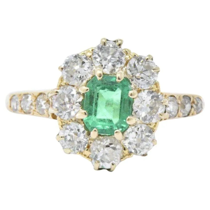 Victorian 1.45 CTW Emerald Diamond 14 Karat Gold Cluster Ring