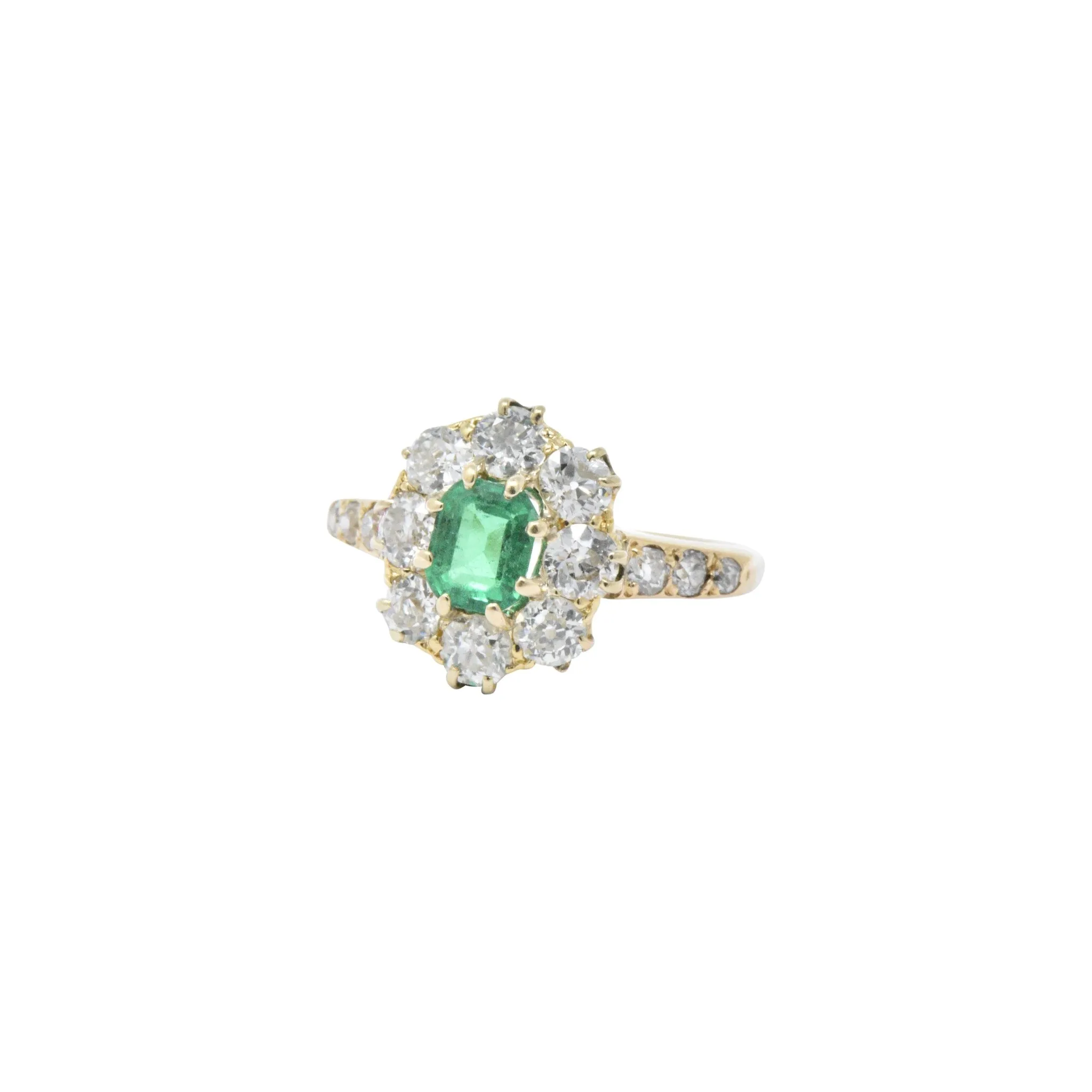 Victorian 1.45 CTW Emerald Diamond 14 Karat Gold Cluster Ring