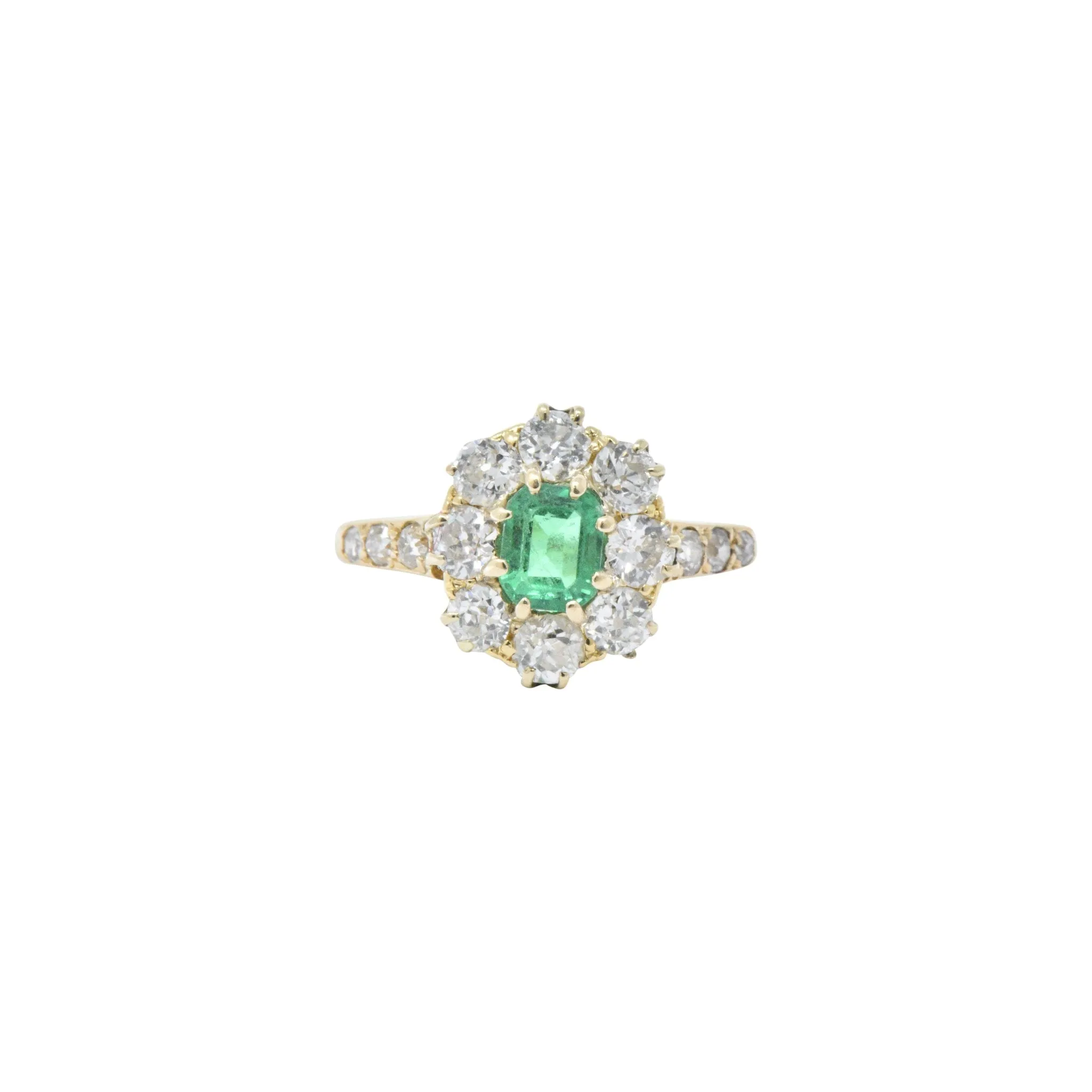 Victorian 1.45 CTW Emerald Diamond 14 Karat Gold Cluster Ring