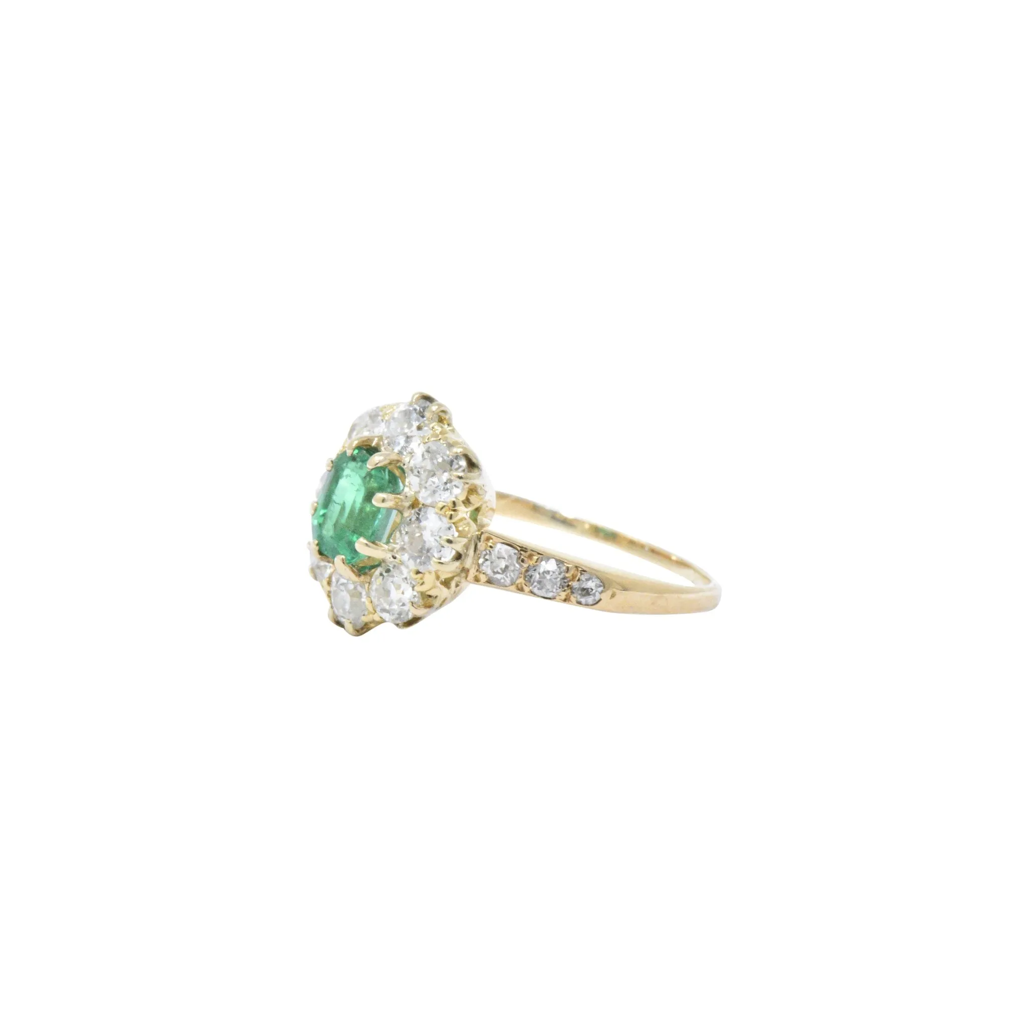 Victorian 1.45 CTW Emerald Diamond 14 Karat Gold Cluster Ring