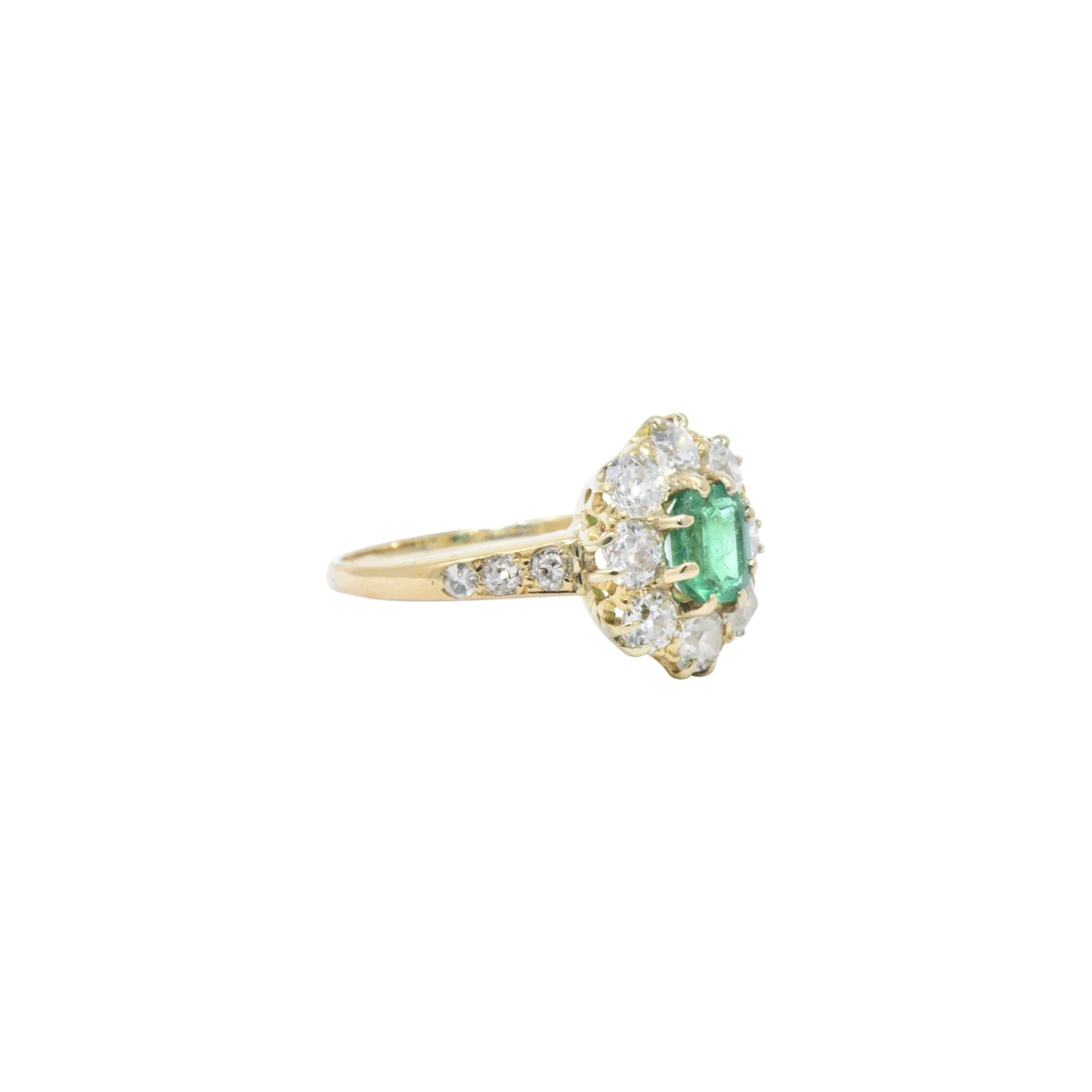 Victorian 1.45 CTW Emerald Diamond 14 Karat Gold Cluster Ring