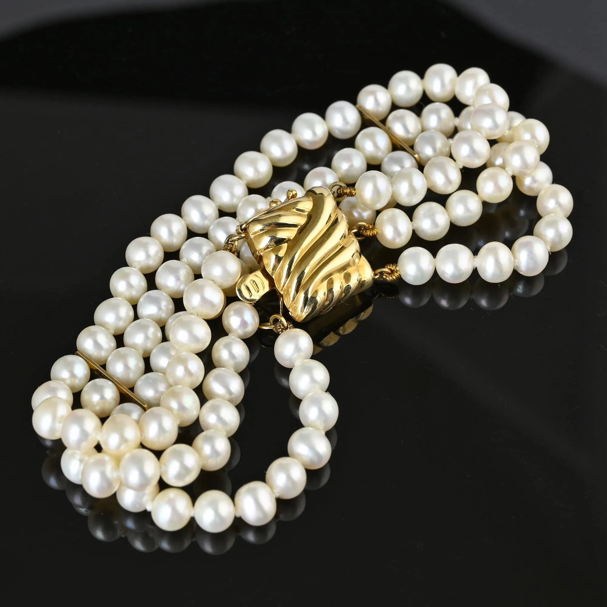 Vintage 14k Gold Three Row Pearl Bracelet