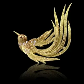 Vintage 18k Yellow Gold Diamond & Ruby Bird Brooch, circa 1960s