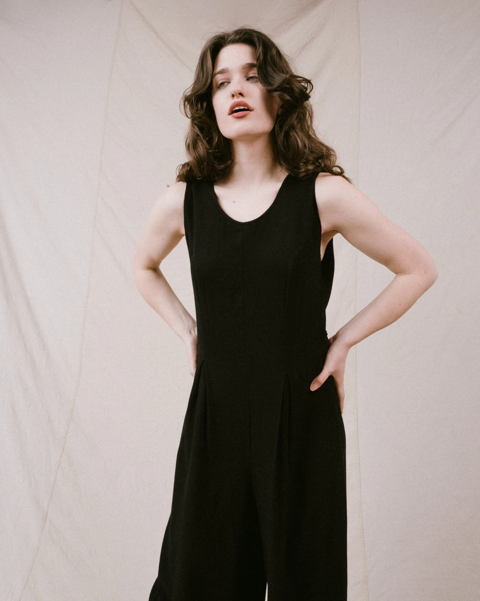 Vintage Black Crinkle Jumpsuit (S/M)