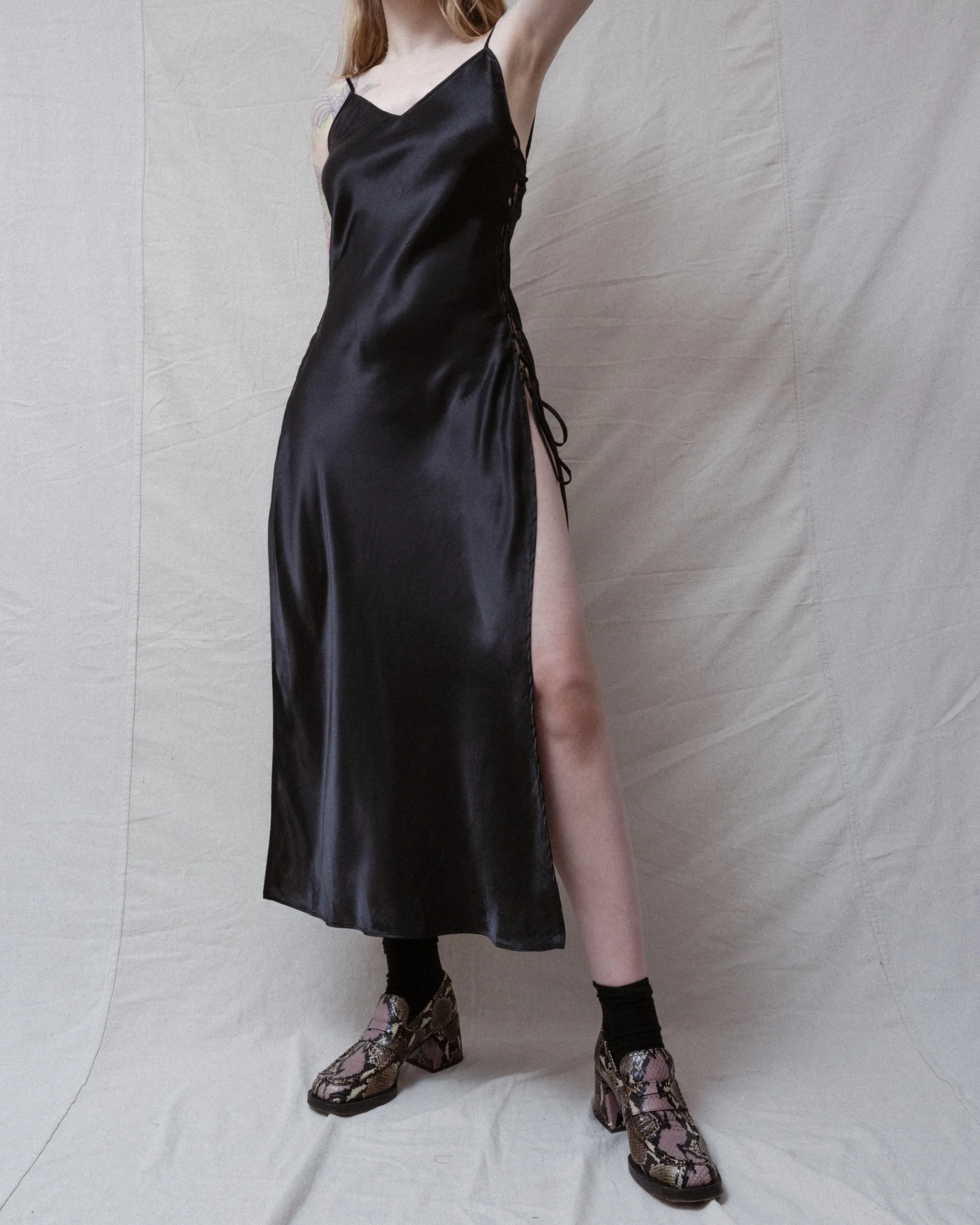 Vintage Black Satin Slip Dress (S/M)