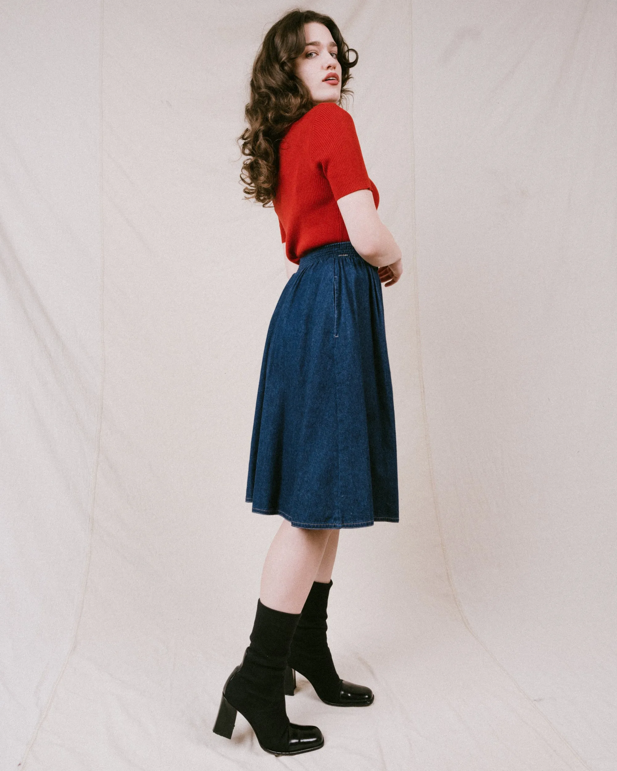 Vintage Denim Midi Skirt (XS-M)