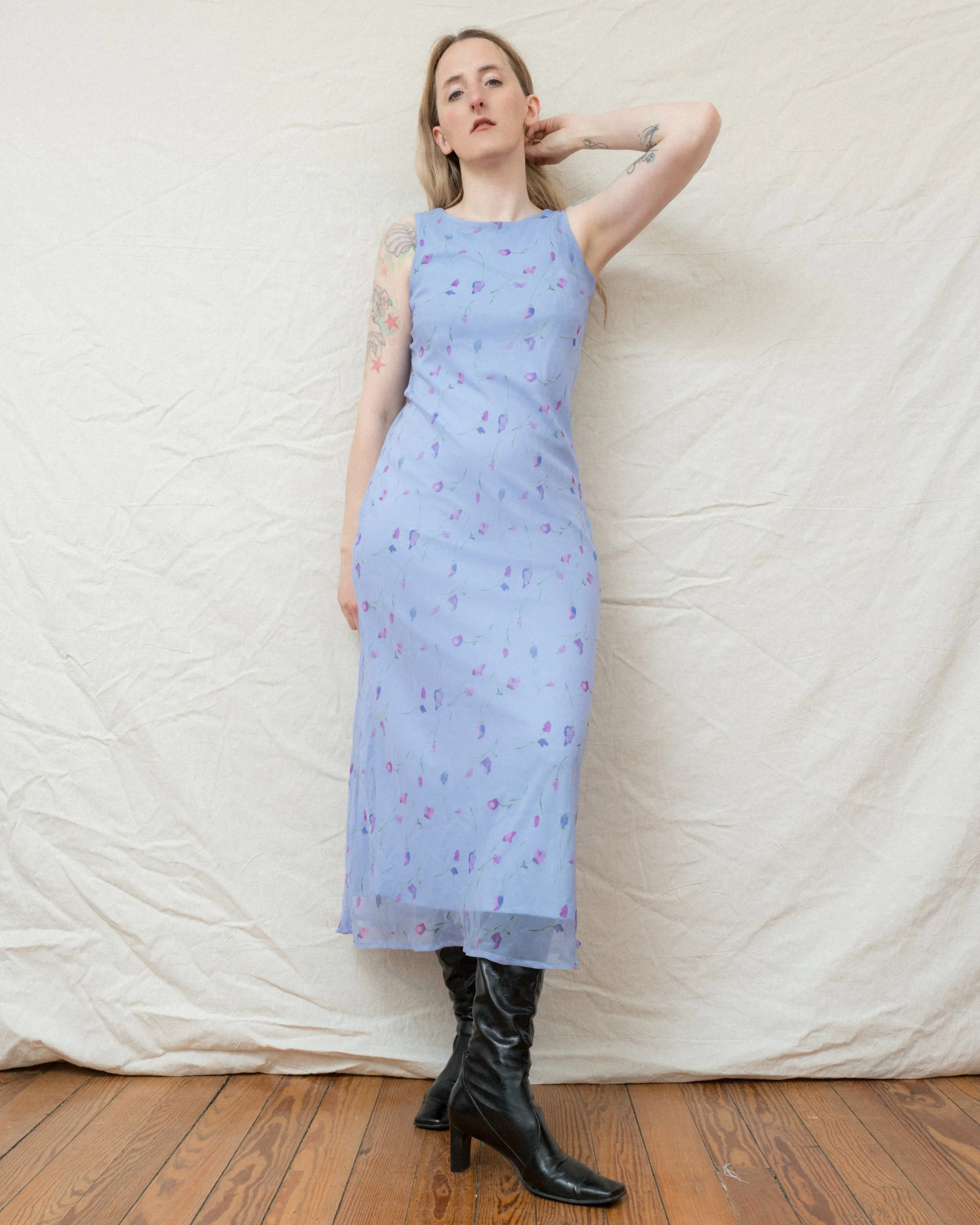 Vintage Lilac Blue Floral Chiffon Dress (S/M)