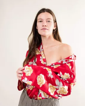 Vintage Oversized Red Floral Satin Blouse (S/M)