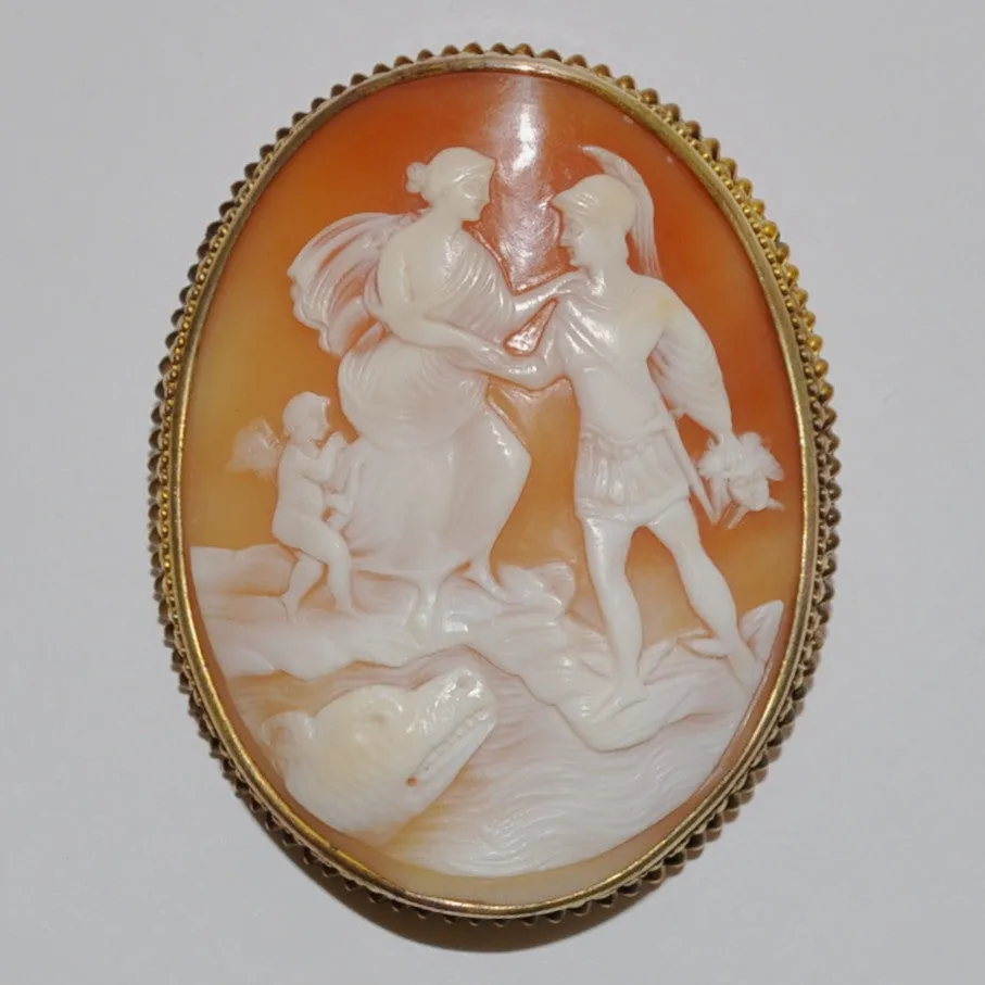 Vintage Shell Cameo 14k Gold Brooch of Perseus and Andromeda