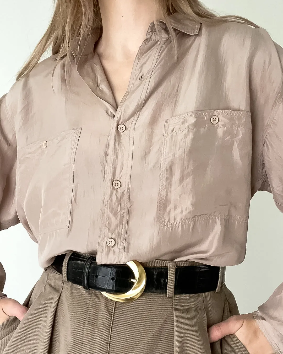 Vintage Taupe Silk Blouse (S/M)