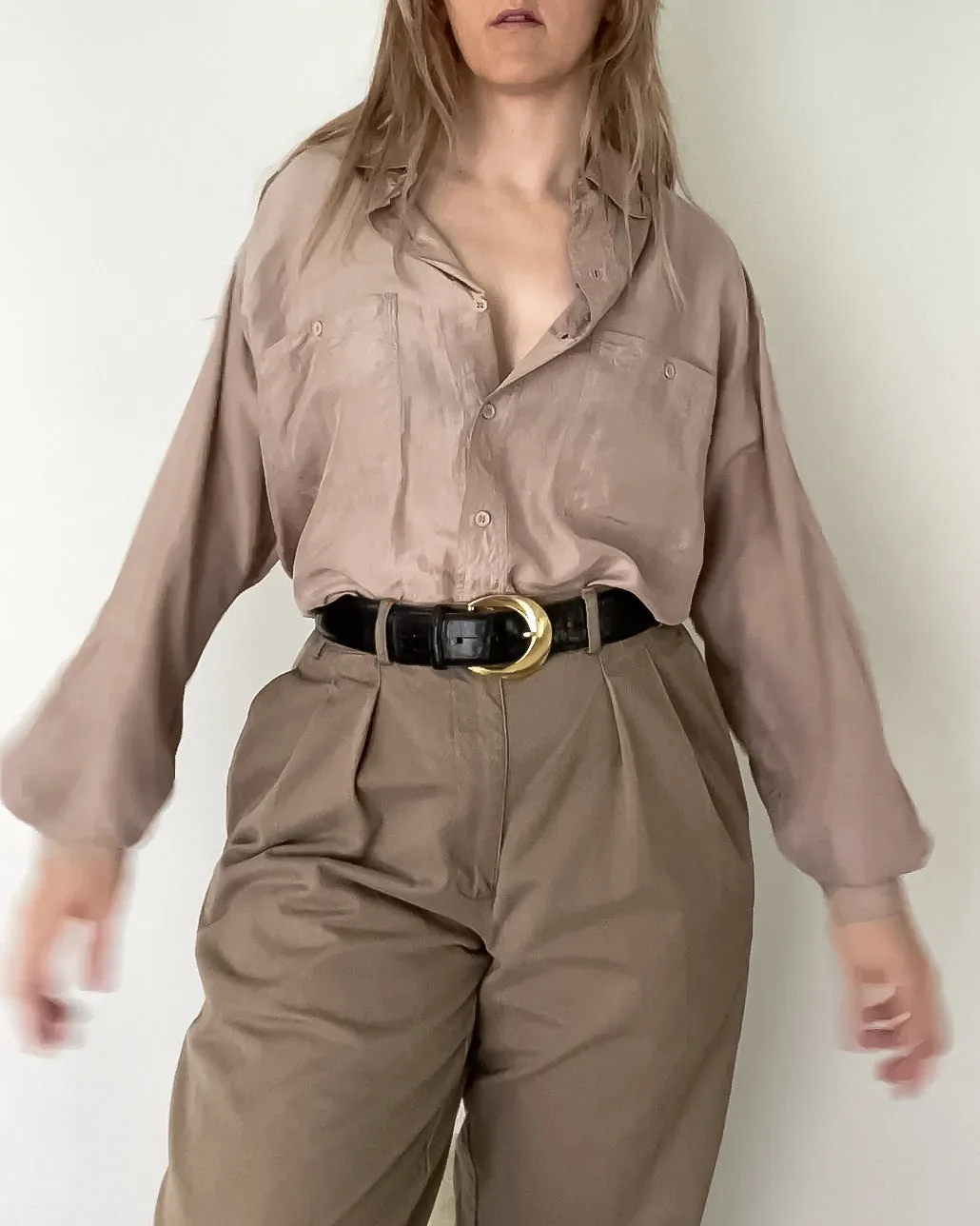 Vintage Taupe Silk Blouse (S/M)