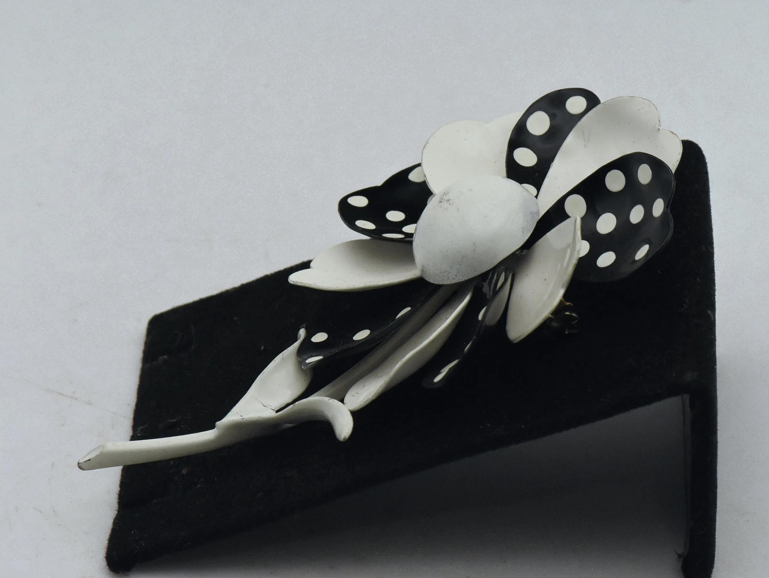 Vintage White and Black Polka Dot Painted Metal Flower Brooch